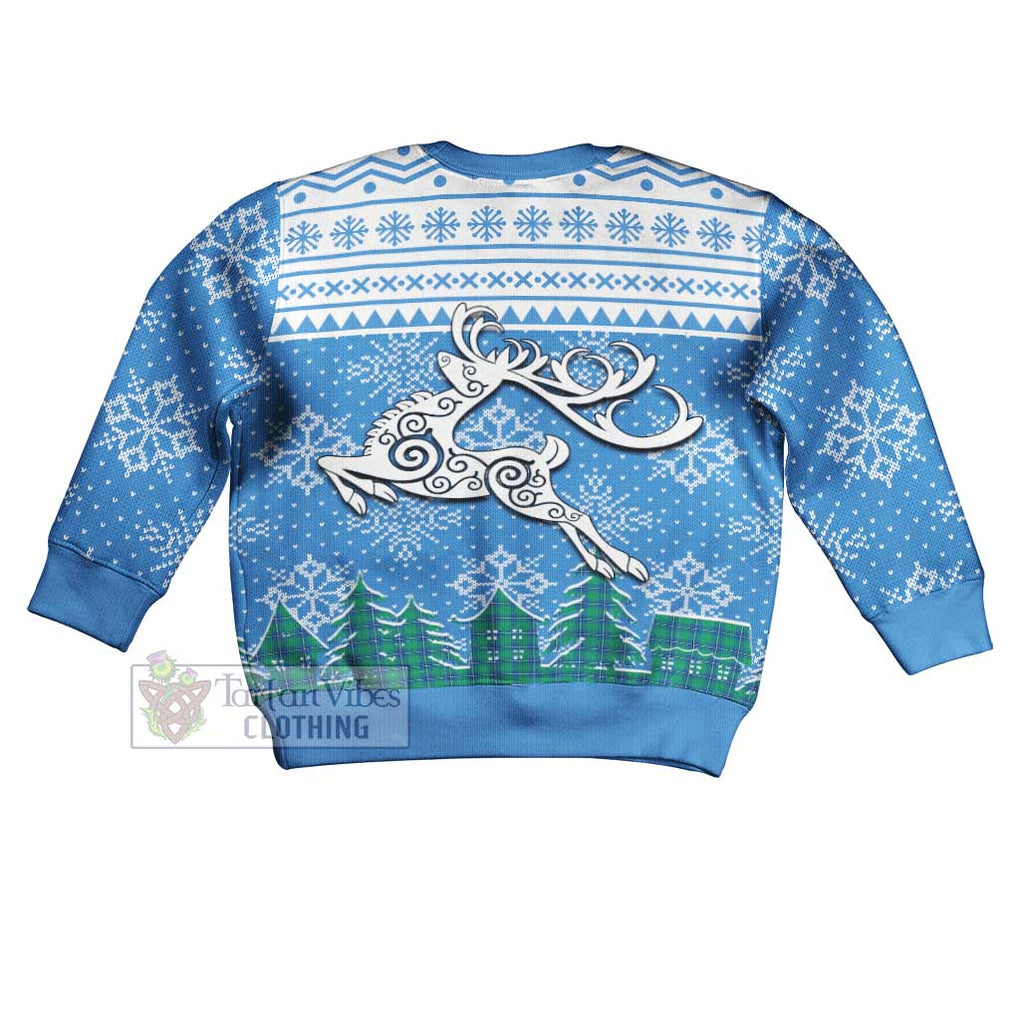 Tartan Vibes Clothing Irvine Clan Christmas Kid Ugly Sweater with Tartan and Celtic Raindeer Style