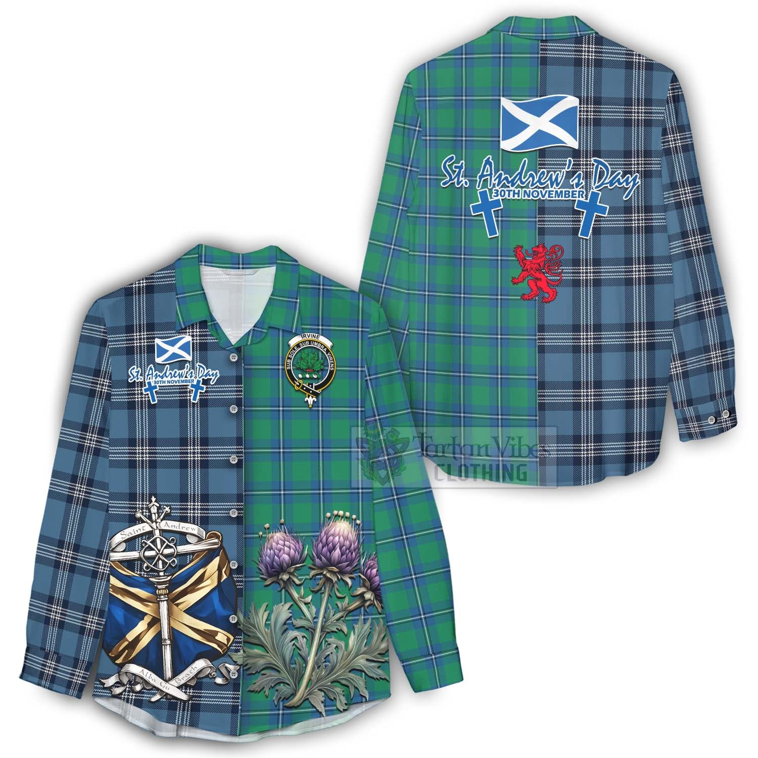 Tartan Vibes Clothing Irvine Tartan Women's Casual Shirt Happy St. Andrew's Day Half Tartan Style