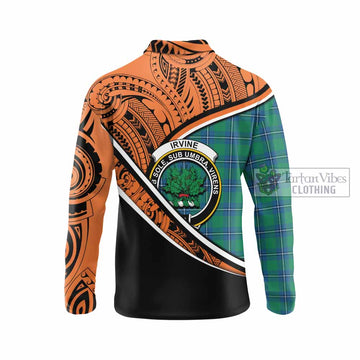 Irvine Crest Tartan Long Sleeve Polo Shirt with Polynesian Vibes Style - Orange Version