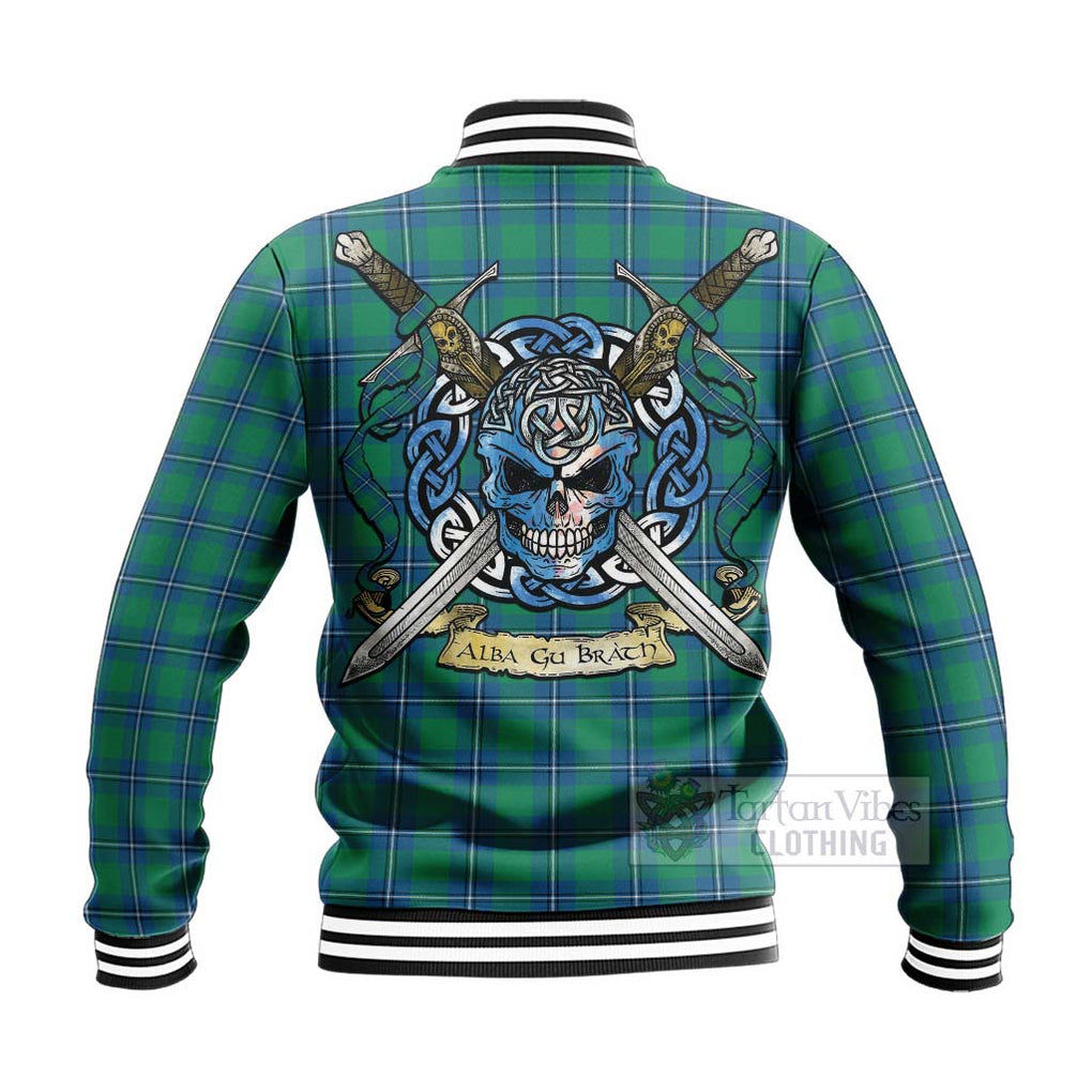 Tartan Vibes Clothing Irvine Tartan Baseball Jacket with Family Crest Celtic Skull Style