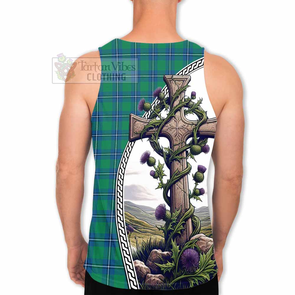 Tartan Vibes Clothing Irvine Tartan Men's Tank Top with Family Crest and St. Andrew's Cross Accented by Thistle Vines