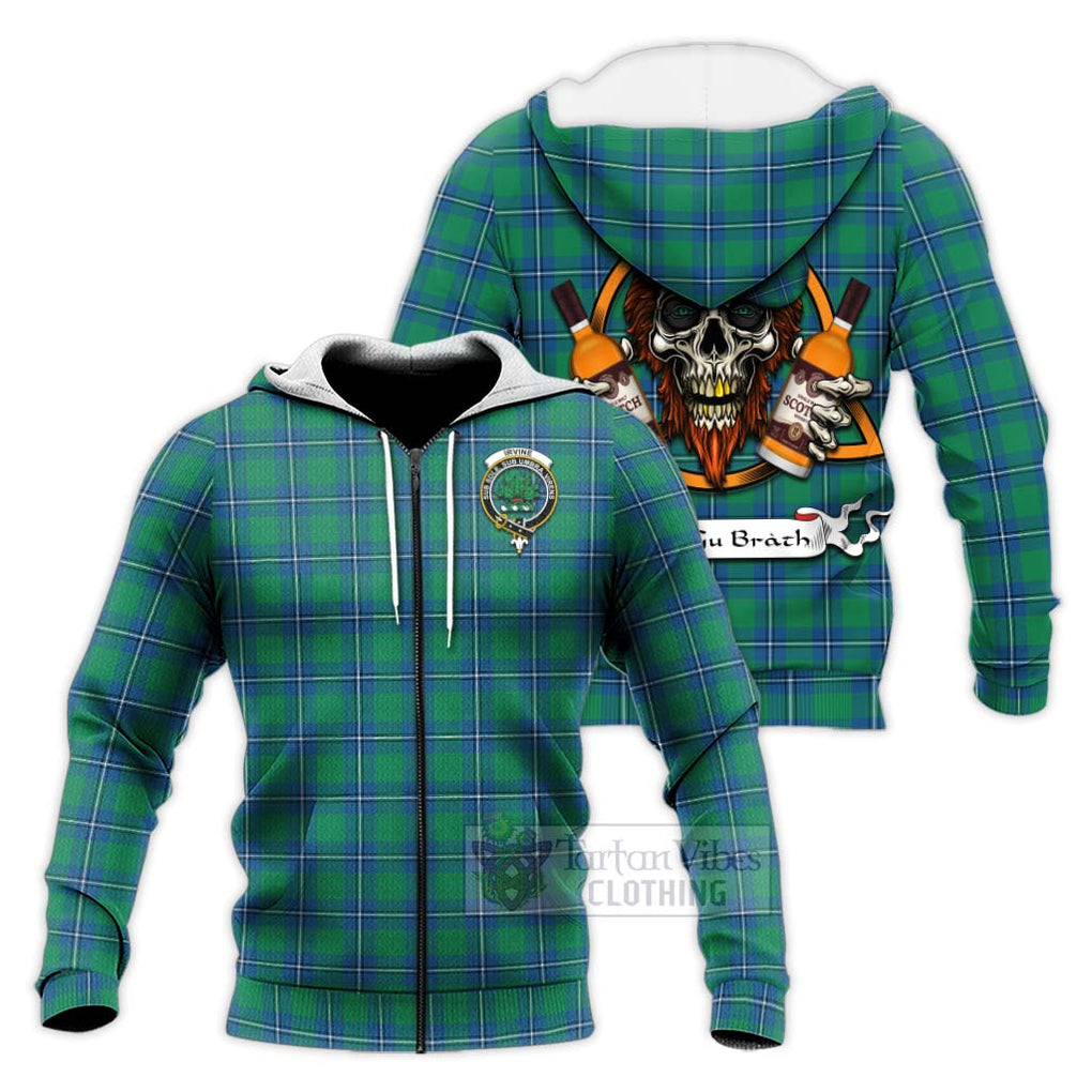 Tartan Vibes Clothing Irvine Tartan Knitted Hoodie with Family Crest and Bearded Skull Holding Bottles of Whiskey