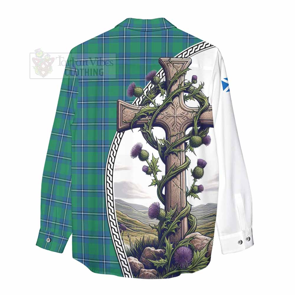 Tartan Vibes Clothing Irvine Tartan Women's Casual Shirt with Family Crest and St. Andrew's Cross Accented by Thistle Vines