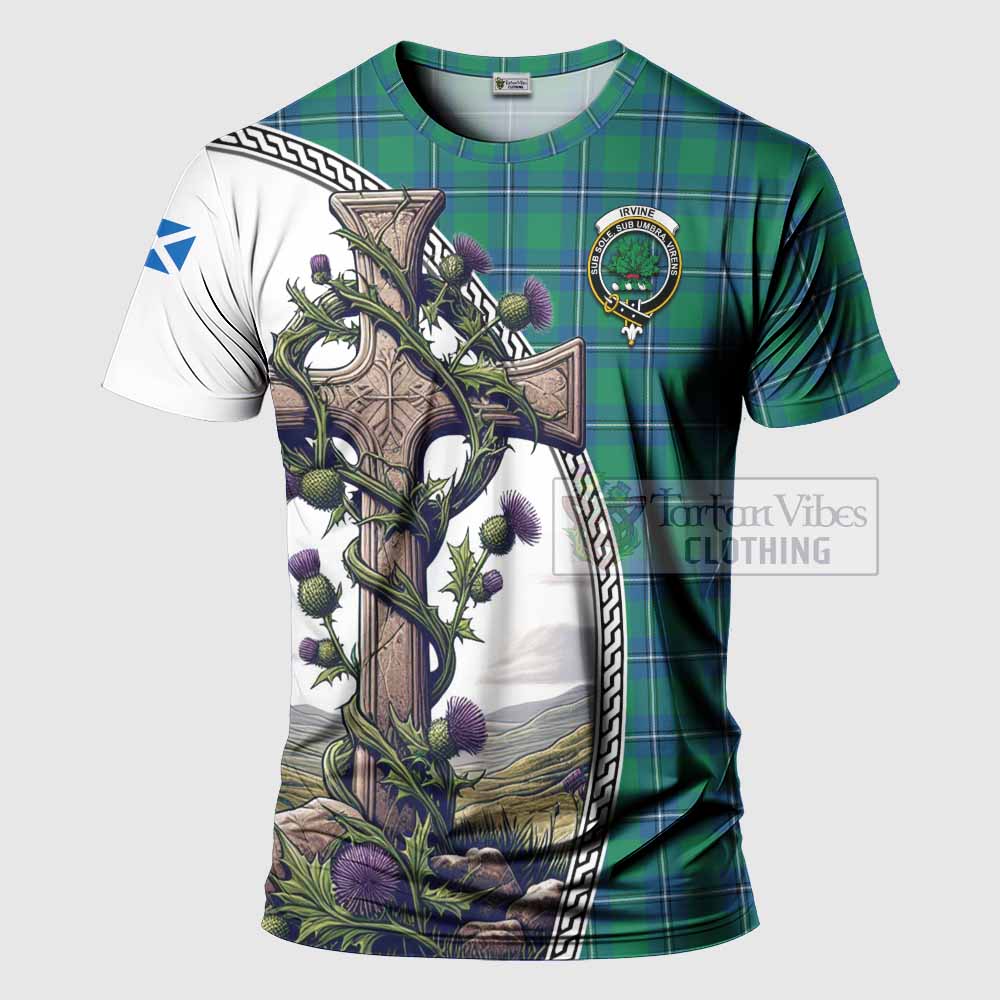 Tartan Vibes Clothing Irvine Agnew Tartan T-Shirt with Family Crest and St. Andrew's Cross Accented by Thistle Vines