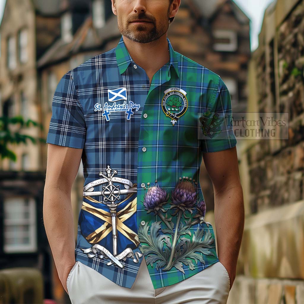 Tartan Vibes Clothing Irvine Tartan Short Sleeve Button Shirt Happy St. Andrew's Day Half Tartan Style