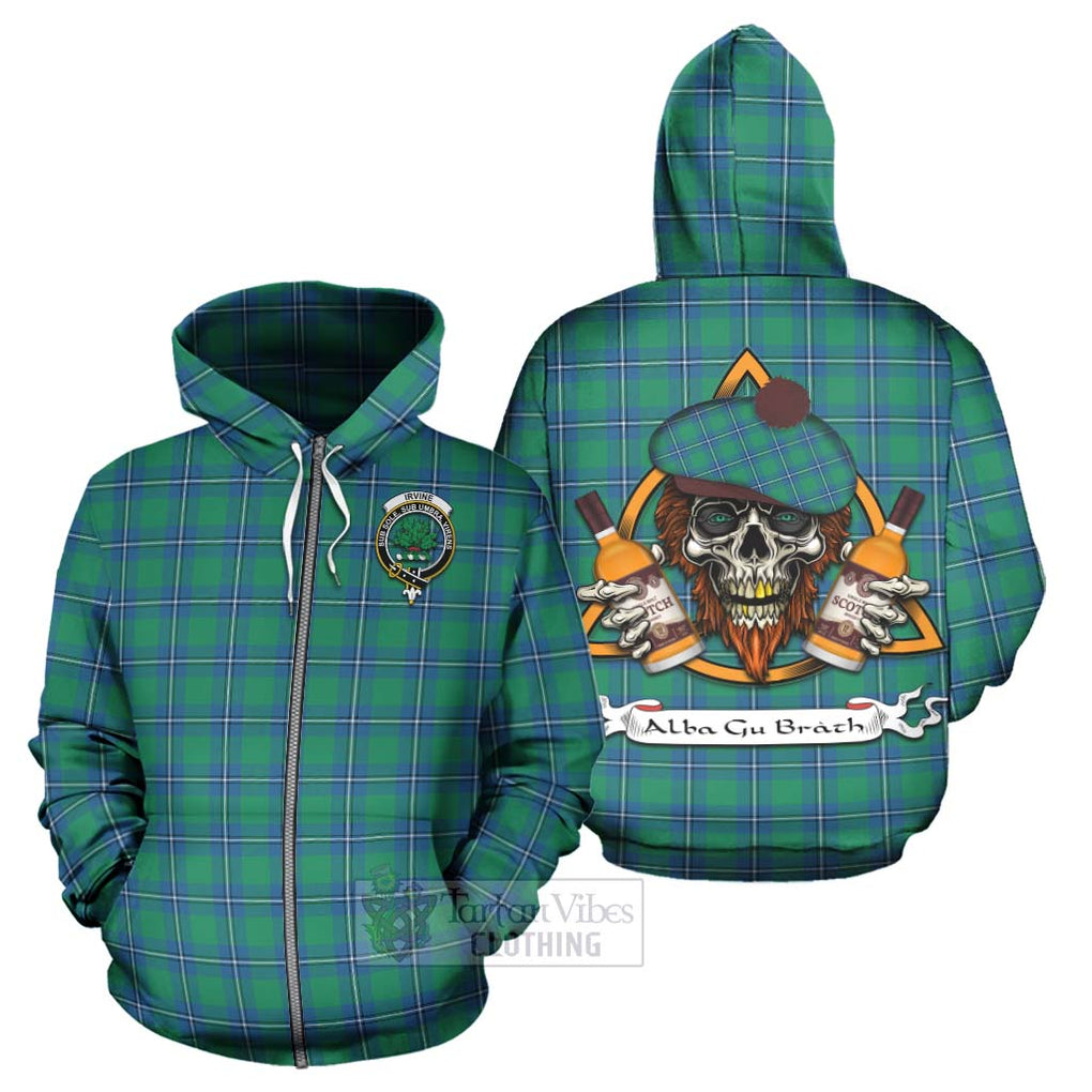 Tartan Vibes Clothing Irvine Tartan Hoodie with Family Crest and Bearded Skull Holding Bottles of Whiskey