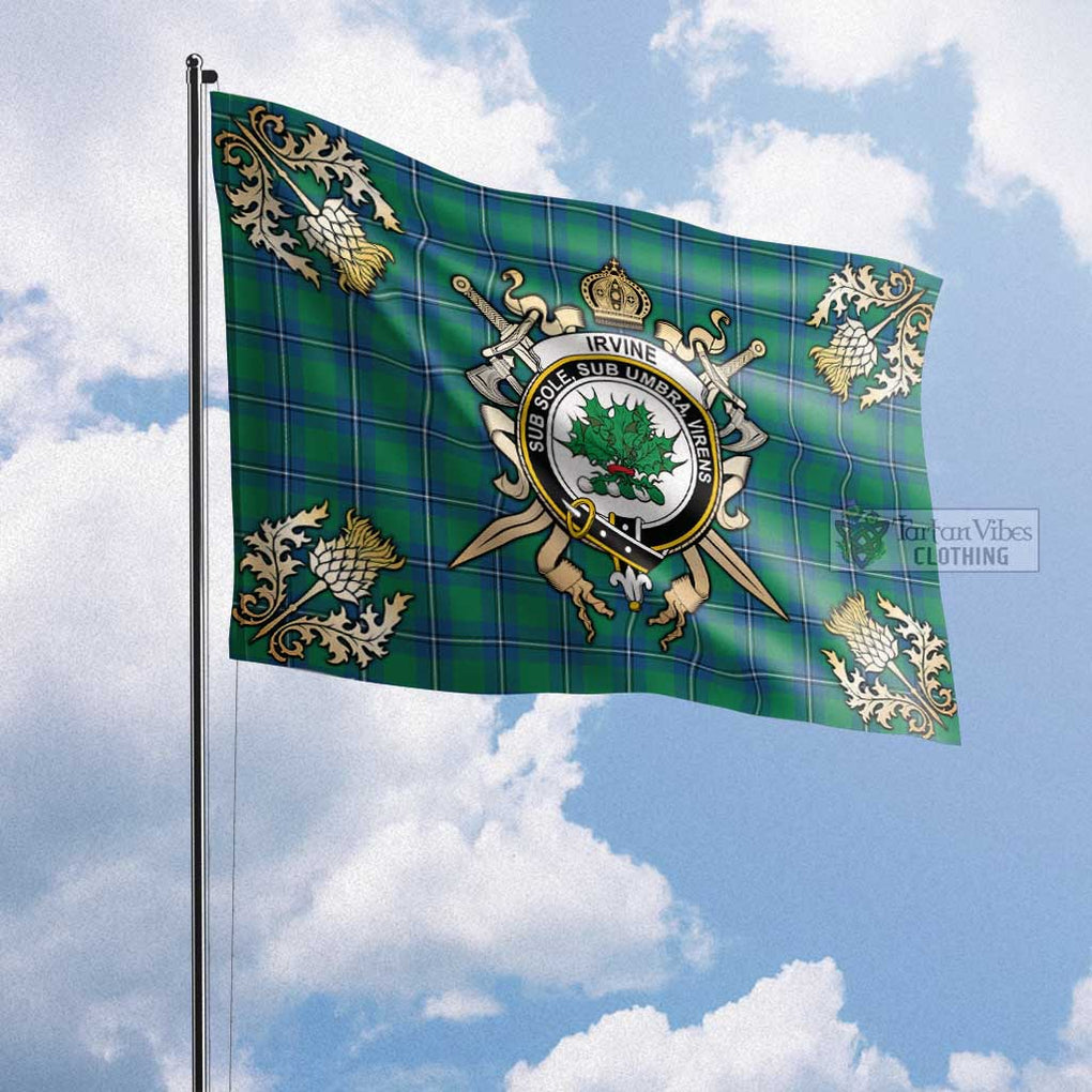 Tartan Vibes Clothing Irvine Tartan Flag with Family Crest and Golden Thistle Crossed Sword Design