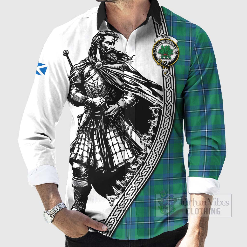 Tartan Vibes Clothing Irvine Tartan Clan Crest Long Sleeve Button Shirt with Highlander Warrior Celtic Style