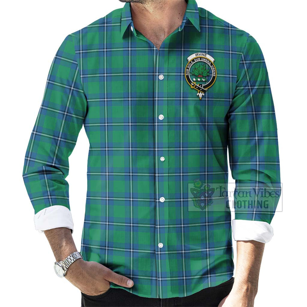 Tartan Vibes Clothing Irvine Tartan Long Sleeve Button Shirt with Family Crest and Bearded Skull Holding Bottles of Whiskey