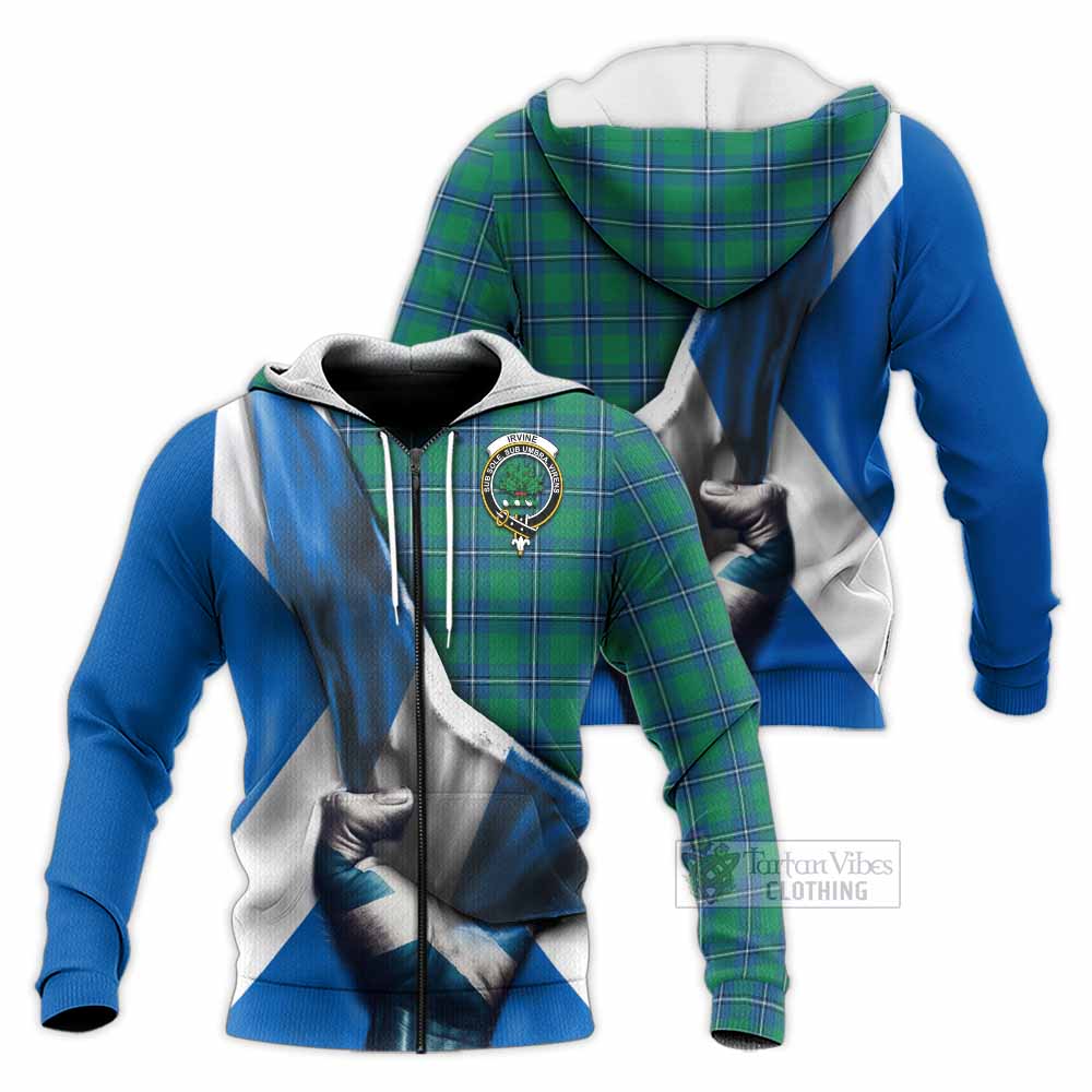 Tartan Vibes Clothing Irvine Tartan Knitted Hoodie with Family Crest Scotland Patriotic Style