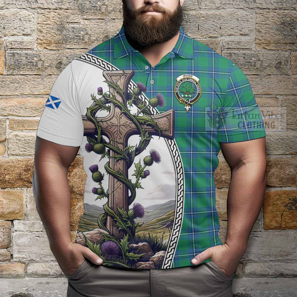 Tartan Vibes Clothing Irvine Tartan Polo Shirt with Family Crest and St. Andrew's Cross Accented by Thistle Vines