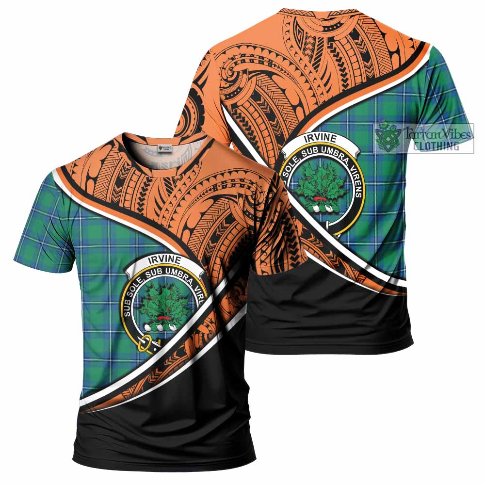 Tartan Vibes Clothing Irvine Crest Tartan T-Shirt with Maori Tattoo Style - Orange Version