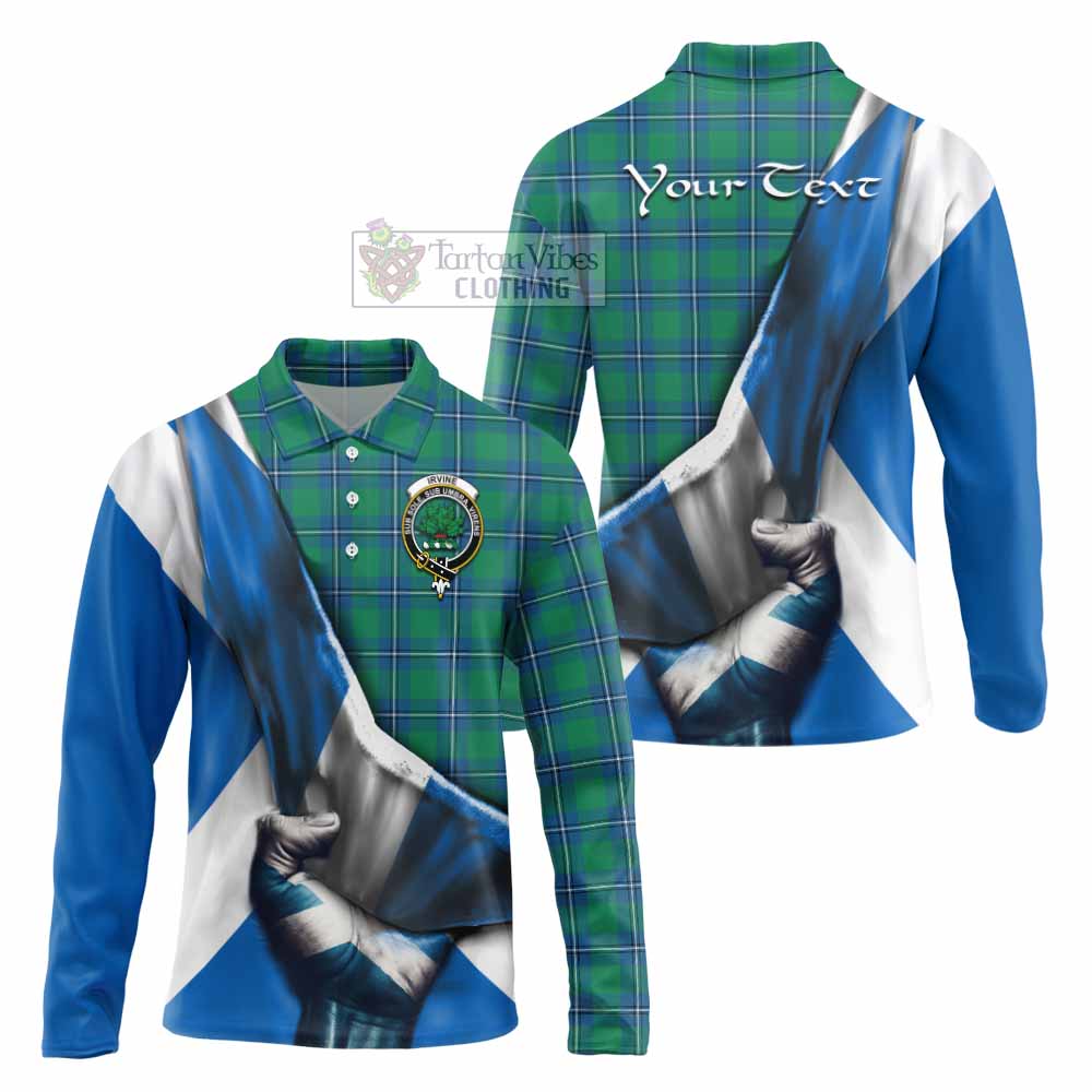 Tartan Vibes Clothing Irvine Tartan Long Sleeve Polo Shirt with Family Crest Scotland Patriotic Style