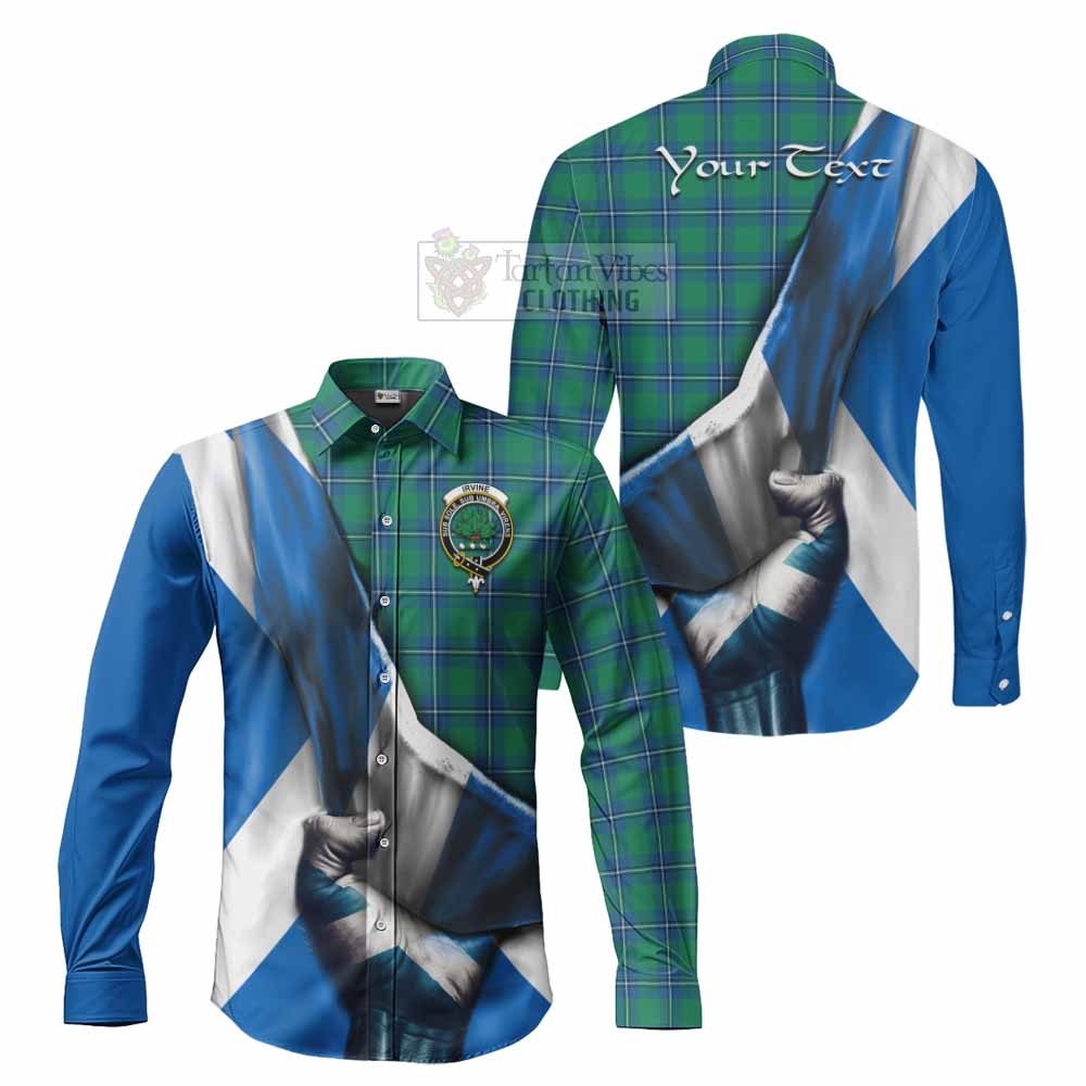 Tartan Vibes Clothing Irvine Tartan Long Sleeve Button Shirt with Family Crest Scotland Patriotic Style