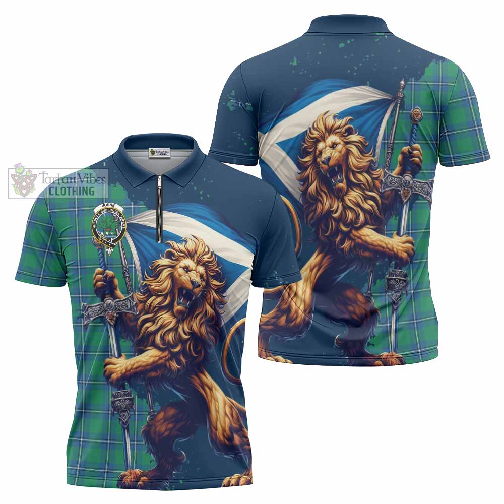 Tartan Vibes Clothing Irvine Tartan Family Crest Zipper Polo Shirt with Scottish Majestic Lion