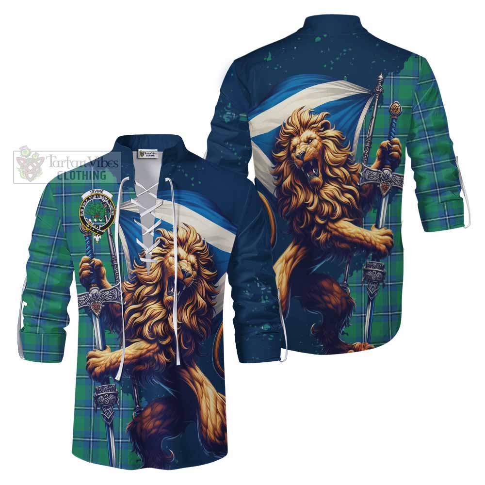 Tartan Vibes Clothing Irvine Tartan Family Crest Ghillie Kilt Shirt with Scottish Majestic Lion