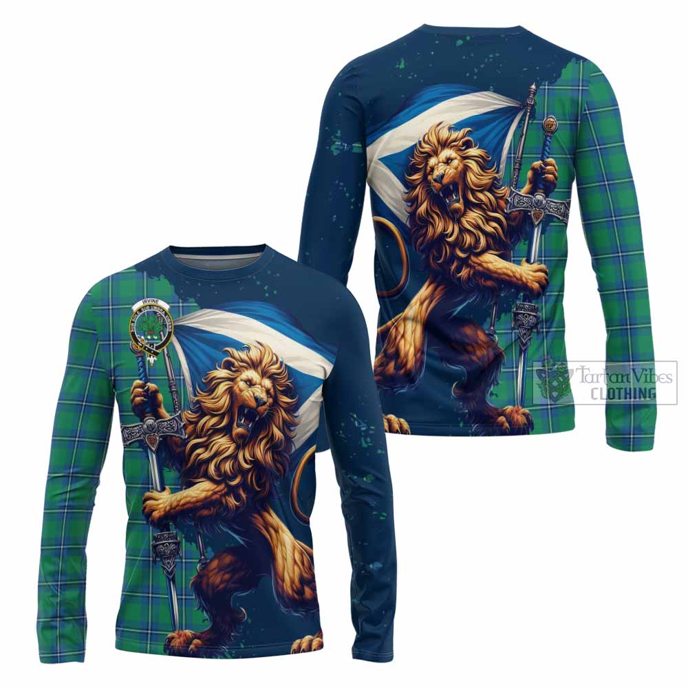 Tartan Vibes Clothing Irvine Tartan Family Crest Long Sleeve T-Shirt with Scottish Majestic Lion