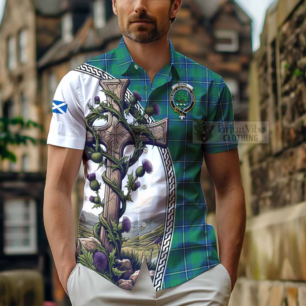 Tartan Vibes Clothing Irvine Tartan Short Sleeve Button Shirt with Family Crest and St. Andrew's Cross Accented by Thistle Vines