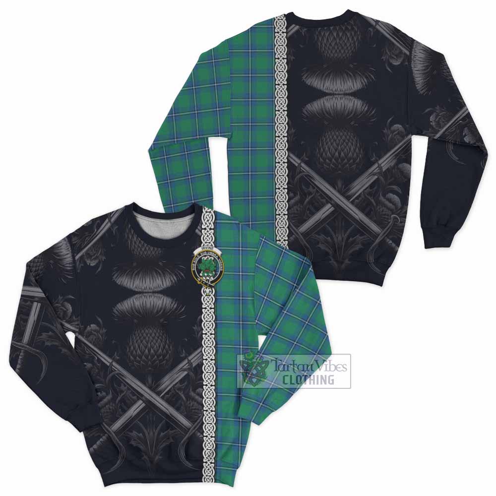 Tartan Vibes Clothing Irvine Tartan Sweatshirt with Family Crest Cross Sword Thistle Celtic Vibes