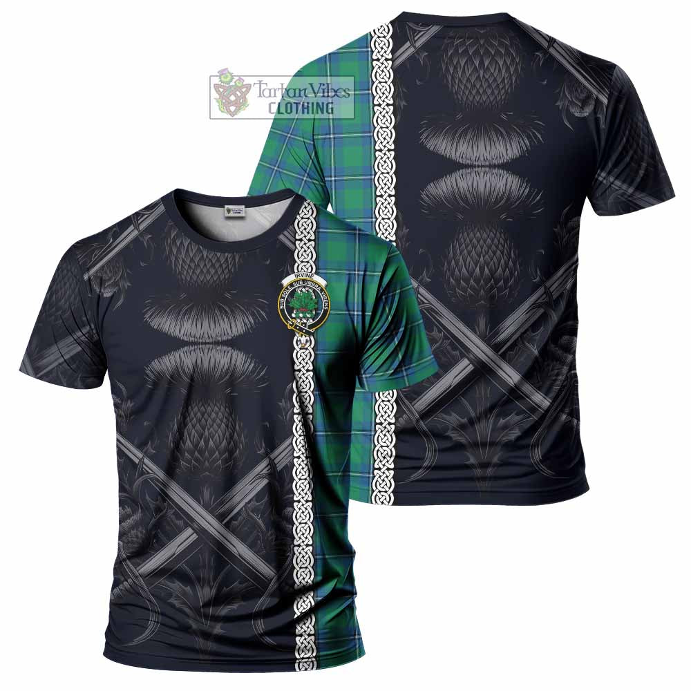 Tartan Vibes Clothing Irvine Tartan T-Shirt with Family Crest Cross Sword Thistle Celtic Vibes