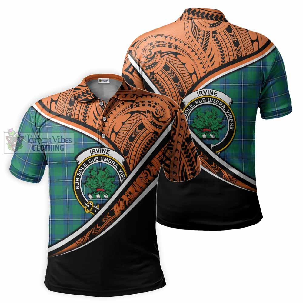 Tartan Vibes Clothing Irvine Crest Tartan Polo Shirt with Maori Tattoo Style - Orange Version