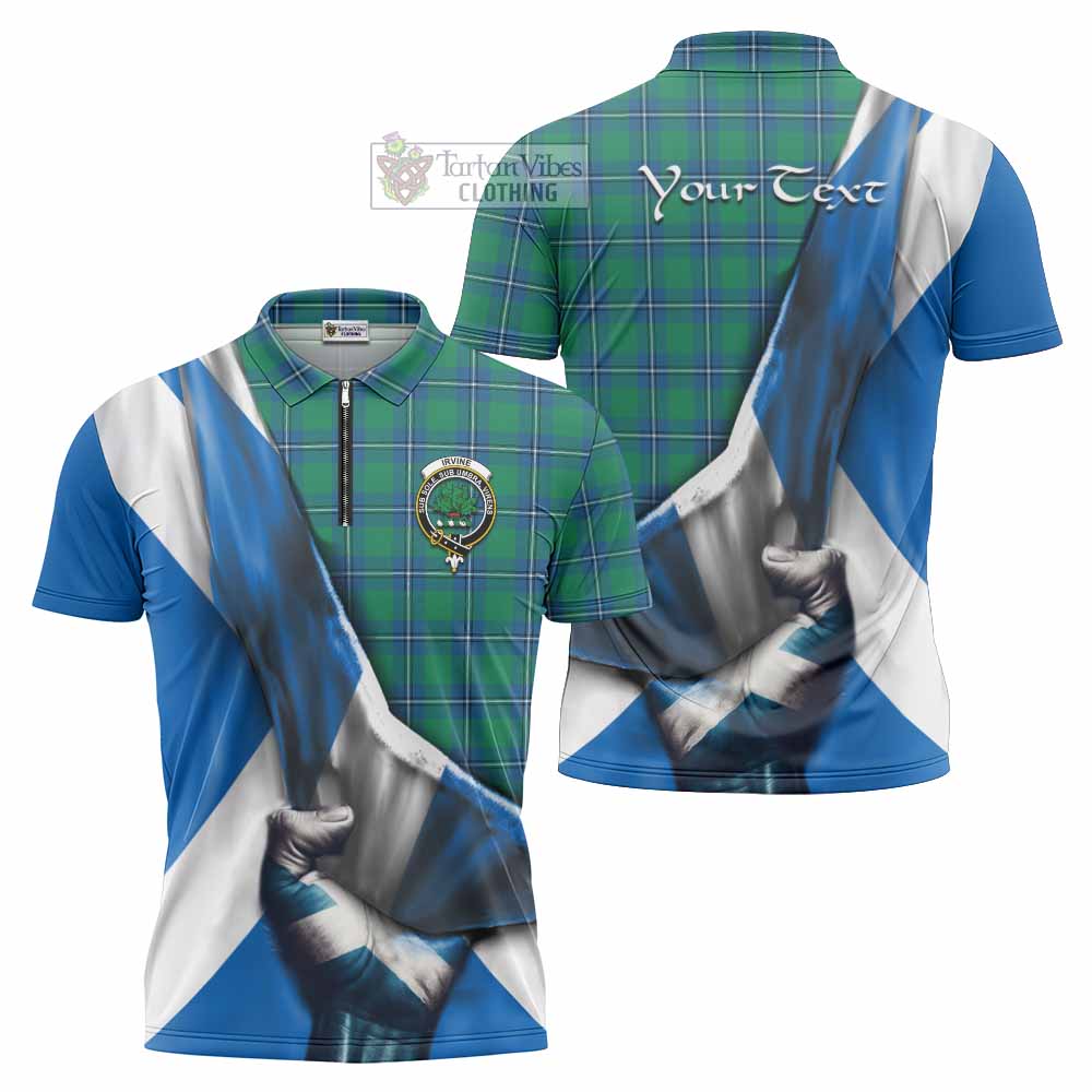 Tartan Vibes Clothing Irvine Tartan Zipper Polo Shirt with Family Crest Scotland Patriotic Style