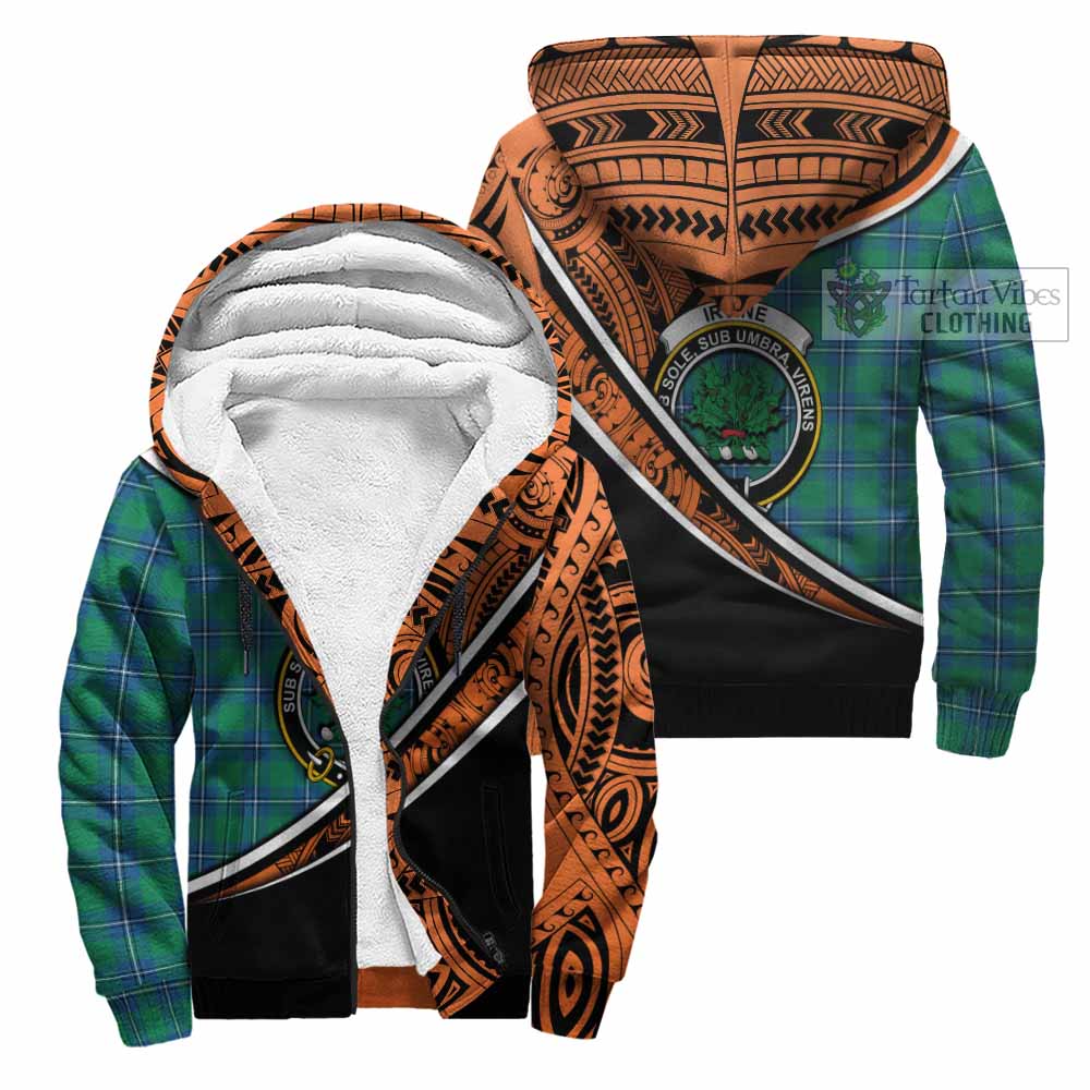 Tartan Vibes Clothing Irvine Crest Tartan Sherpa Hoodie with Maori Tattoo Style - Orange Version