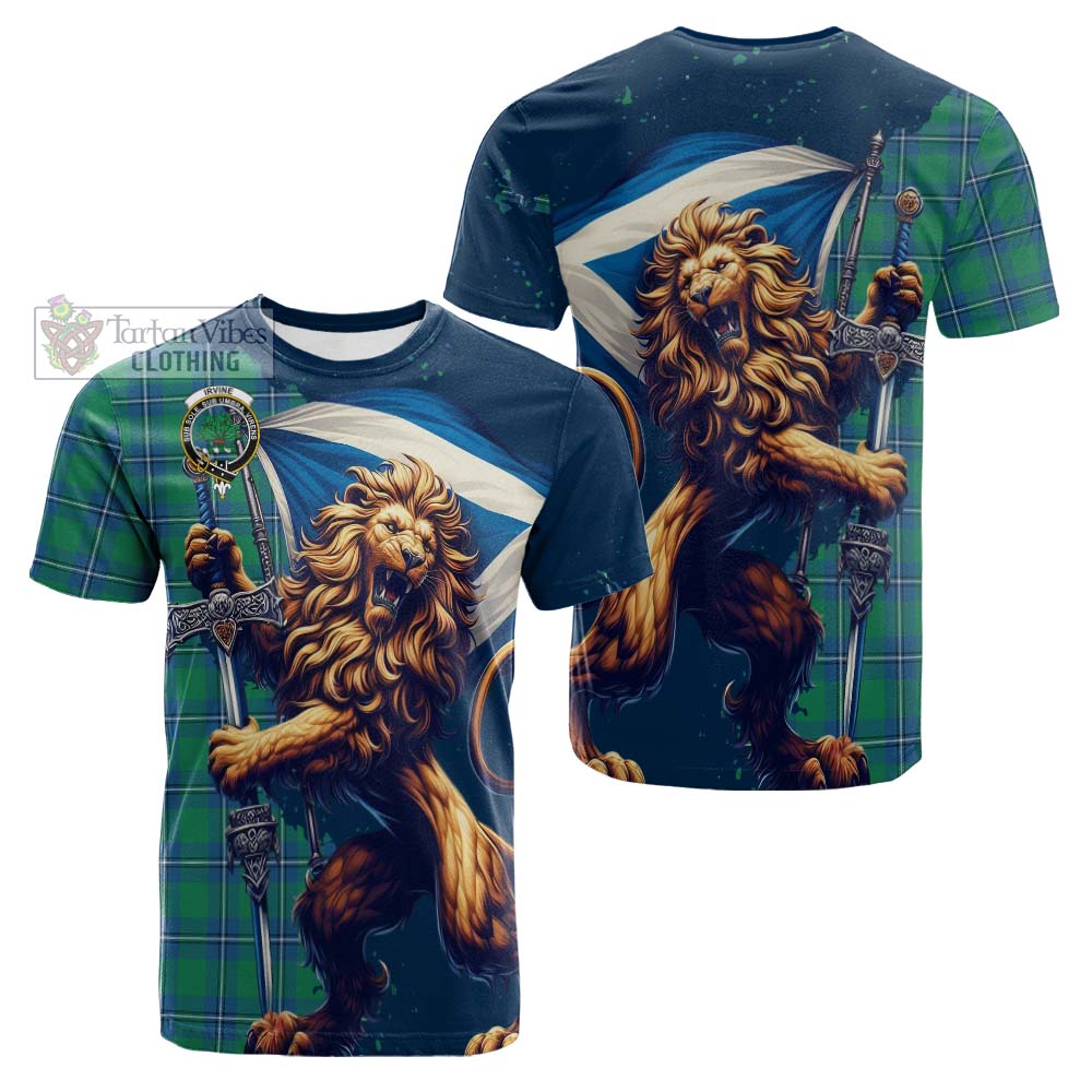 Tartan Vibes Clothing Irvine Tartan Family Crest Cotton T-shirt with Scottish Majestic Lion