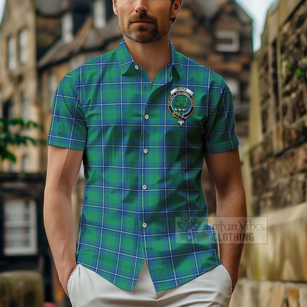 Tartan Vibes Clothing Irvine Tartan Short Sleeve Button Shirt with Family Crest Celtic Skull Style