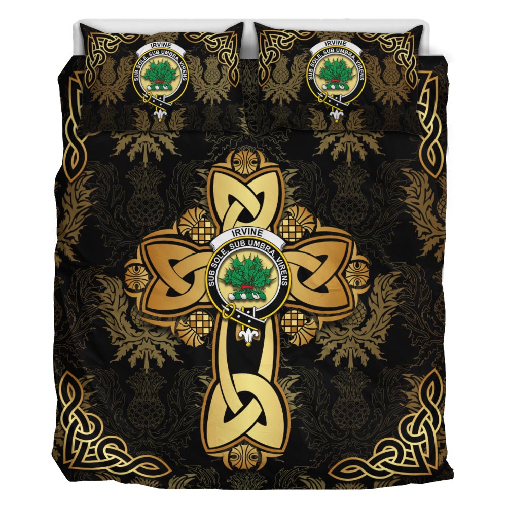 Irvine Clan Bedding Sets Gold Thistle Celtic Style - Tartanvibesclothing