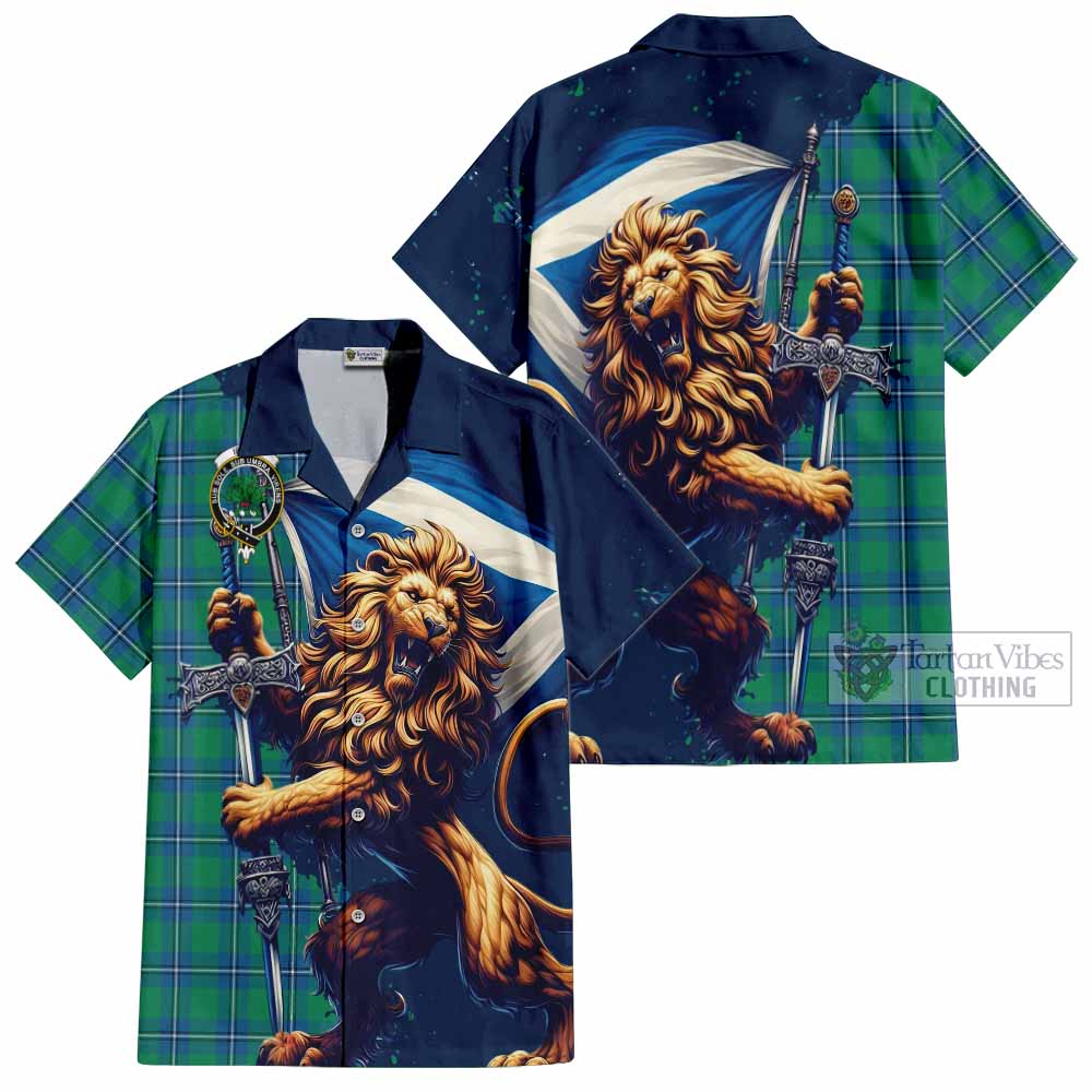 Tartan Vibes Clothing Irvine Tartan Family Crest Short Sleeve Button Shirt with Scottish Majestic Lion