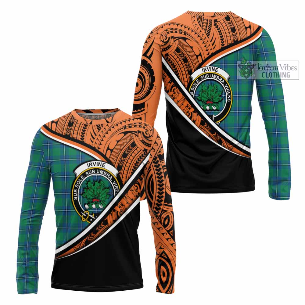 Tartan Vibes Clothing Irvine Crest Tartan Long Sleeve T-Shirt with Maori Tattoo Style - Orange Version