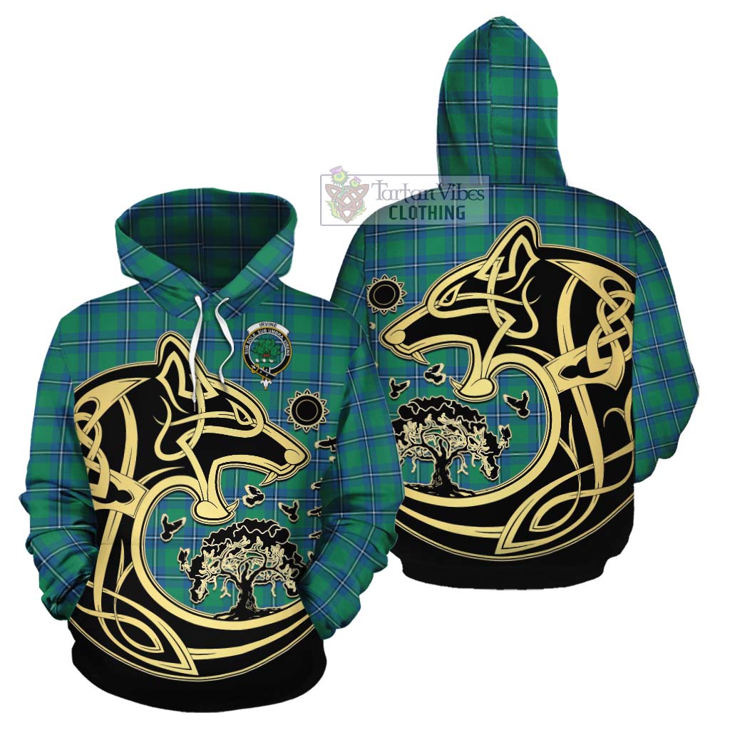 Tartan Vibes Clothing Irvine Tartan Cotton Hoodie with Family Crest Celtic Wolf Style