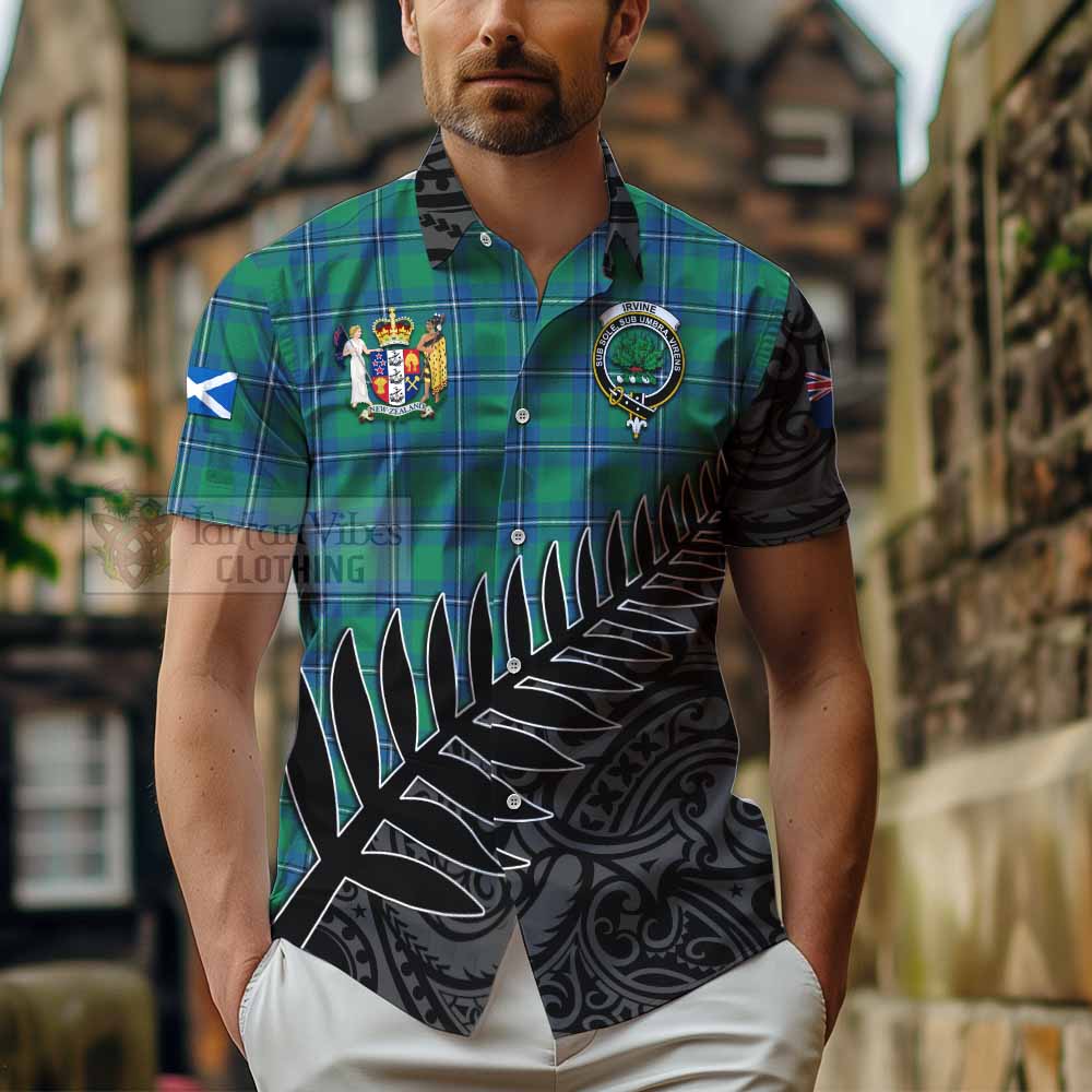 Tartan Vibes Clothing Irvine Crest Tartan Short Sleeve Button Shirt with New Zealand Silver Fern Half Style