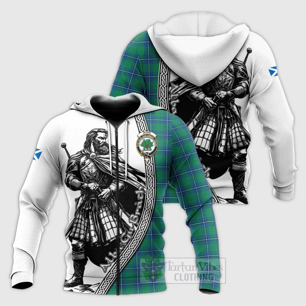 Tartan Vibes Clothing Irvine Tartan Clan Crest Knitted Hoodie with Highlander Warrior Celtic Style