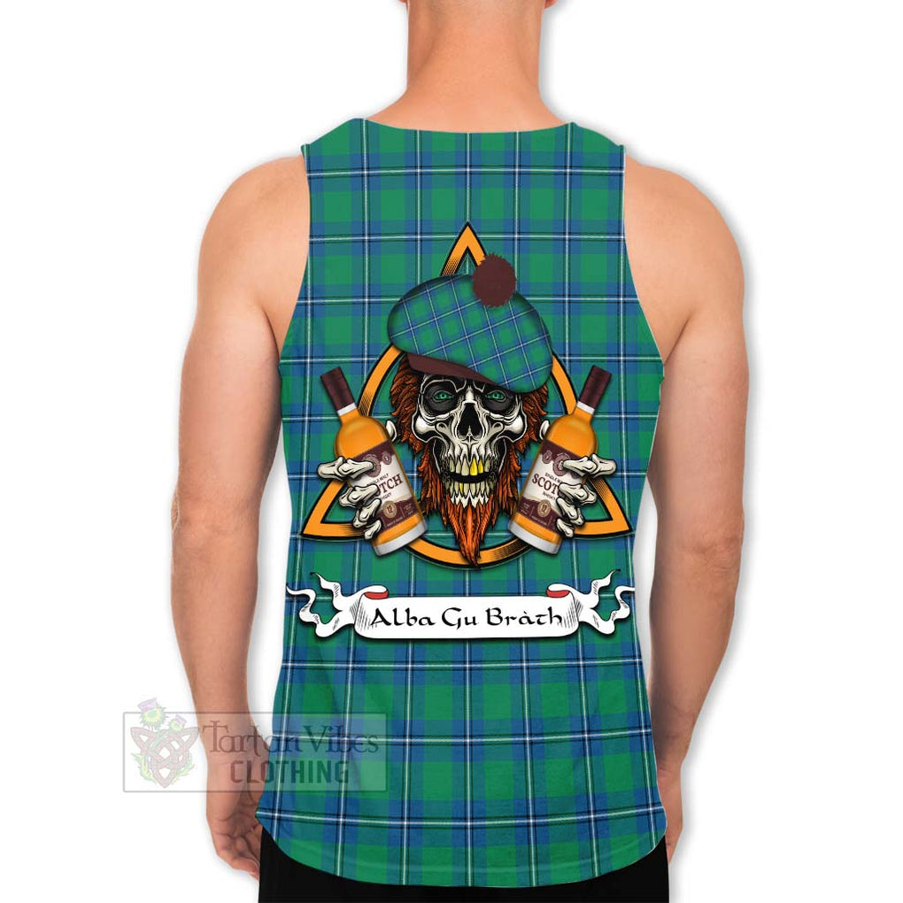 Tartan Vibes Clothing Irvine Tartan Men's Tank Top with Family Crest and Bearded Skull Holding Bottles of Whiskey