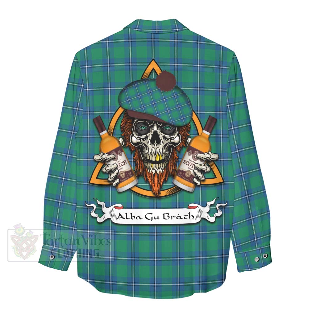 Tartan Vibes Clothing Irvine Tartan Women's Casual Shirt with Family Crest and Bearded Skull Holding Bottles of Whiskey