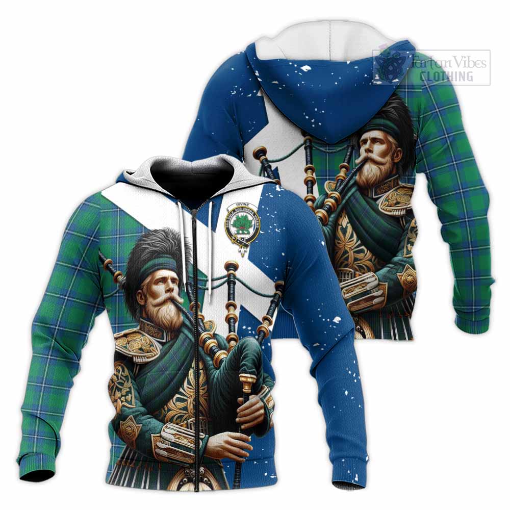 Tartan Vibes Clothing Irvine Tartan Knitted Hoodie with Family Crest Scottish Bagpiper Vibes