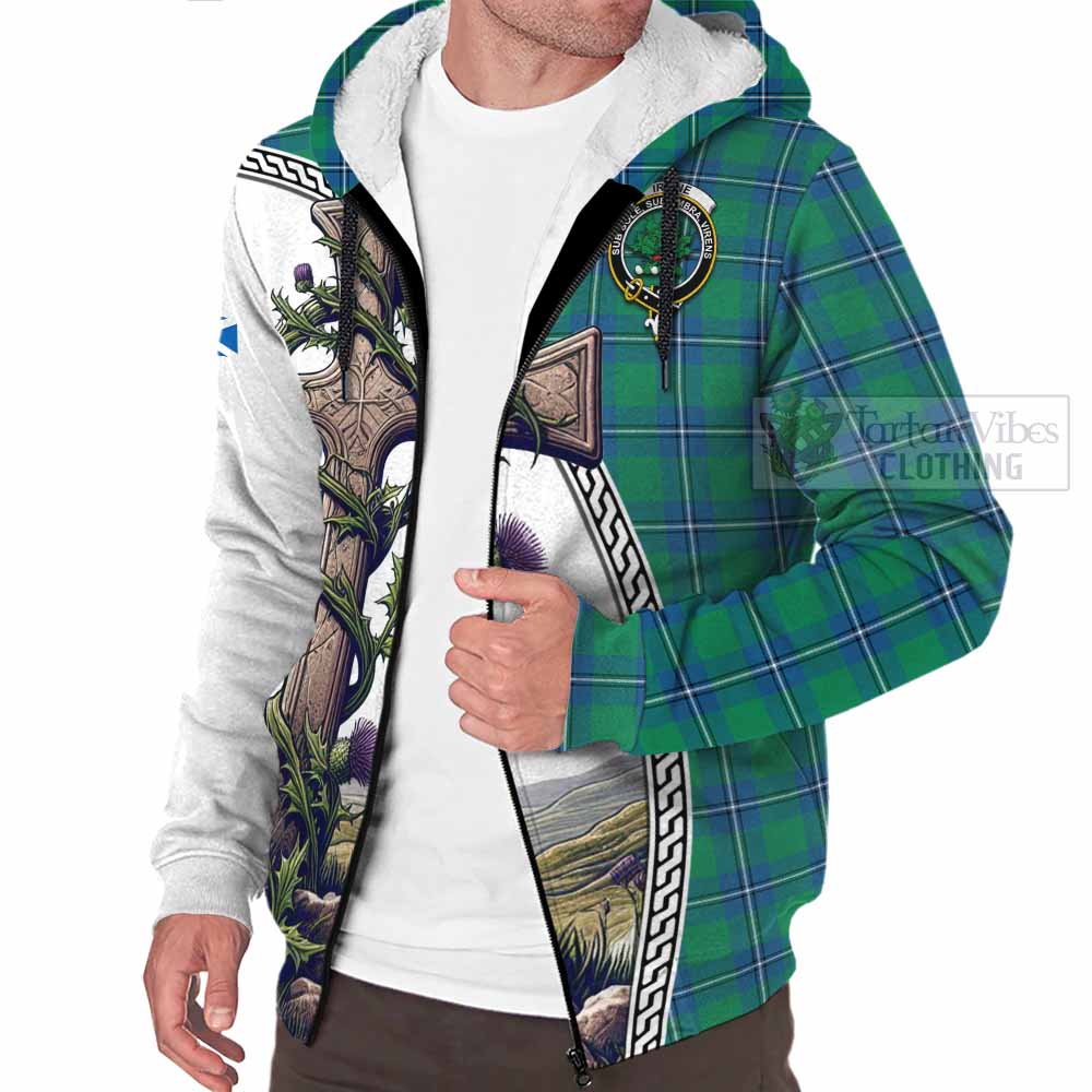 Tartan Vibes Clothing Irvine Tartan Sherpa Hoodie with Family Crest and St. Andrew's Cross Accented by Thistle Vines