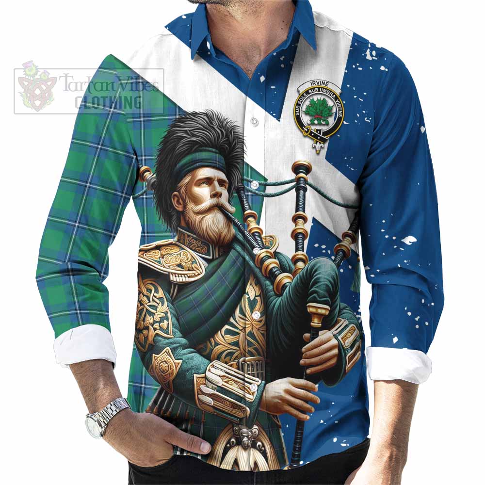 Tartan Vibes Clothing Irvine Tartan Long Sleeve Button Shirt with Family Crest Scottish Bagpiper Vibes