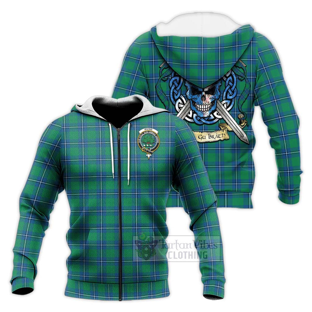 Tartan Vibes Clothing Irvine Tartan Knitted Hoodie with Family Crest Celtic Skull Style