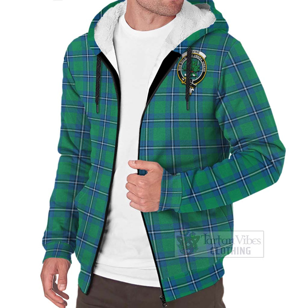 Tartan Vibes Clothing Irvine Tartan Sherpa Hoodie with Family Crest and Bearded Skull Holding Bottles of Whiskey