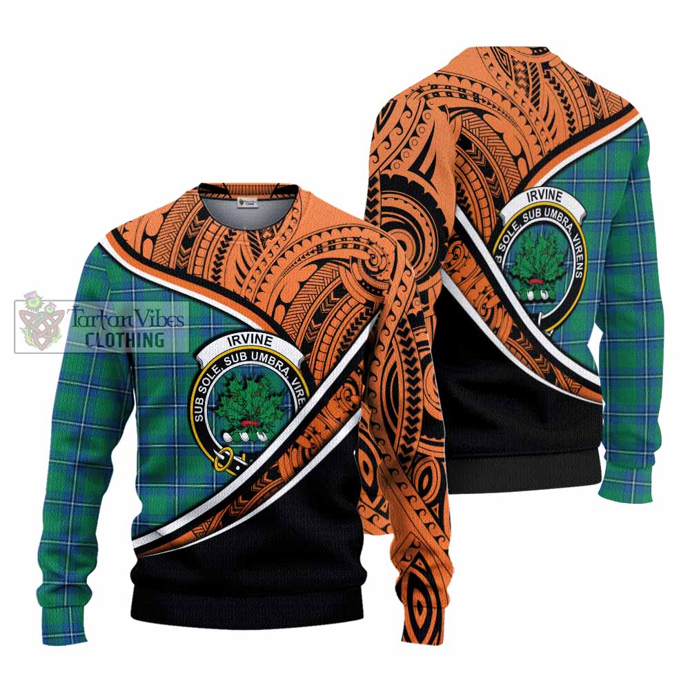 Tartan Vibes Clothing Irvine Crest Tartan Knitted Sweater with Maori Tattoo Style - Orange Version