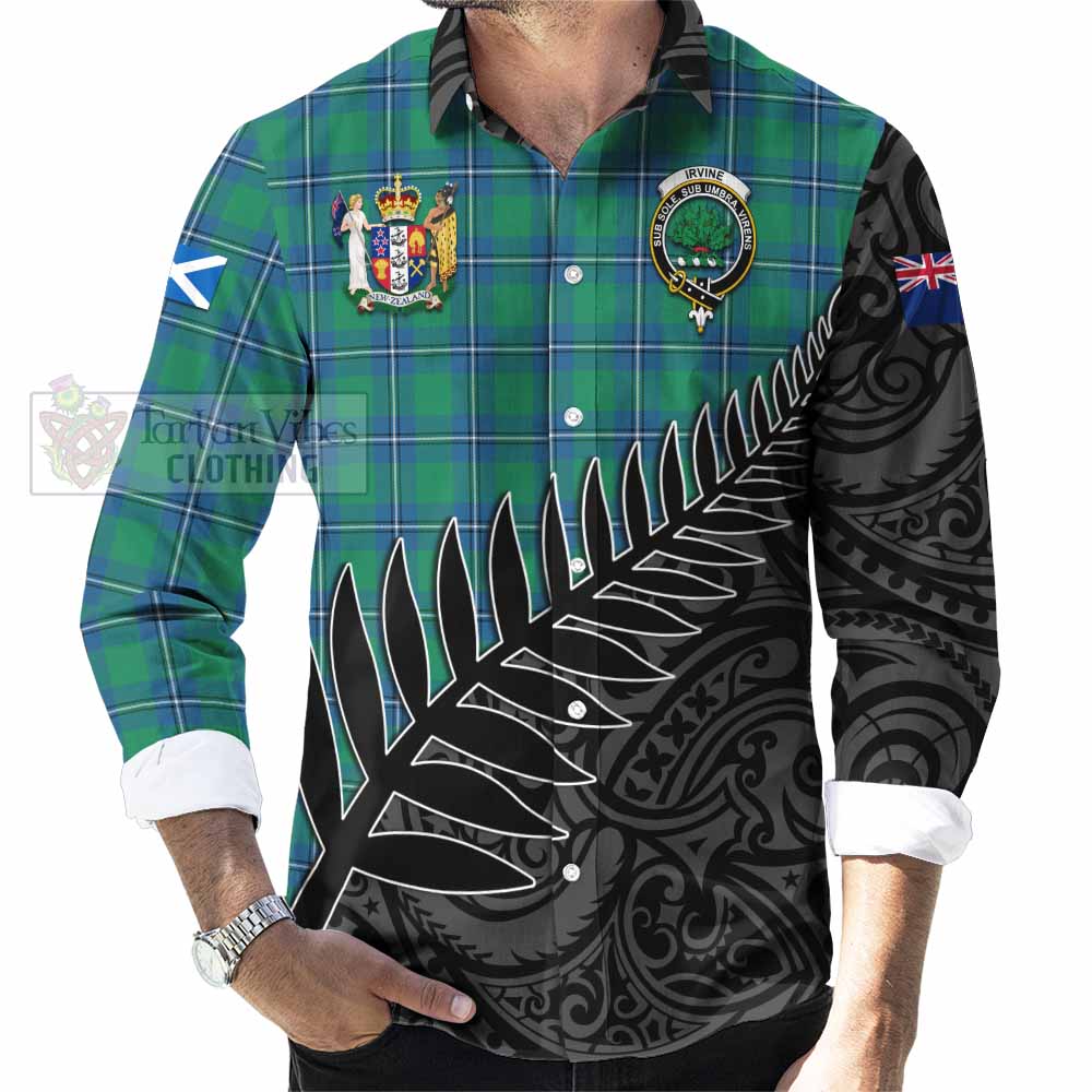 Tartan Vibes Clothing Irvine Crest Tartan Long Sleeve Button Shirt with New Zealand Silver Fern Half Style