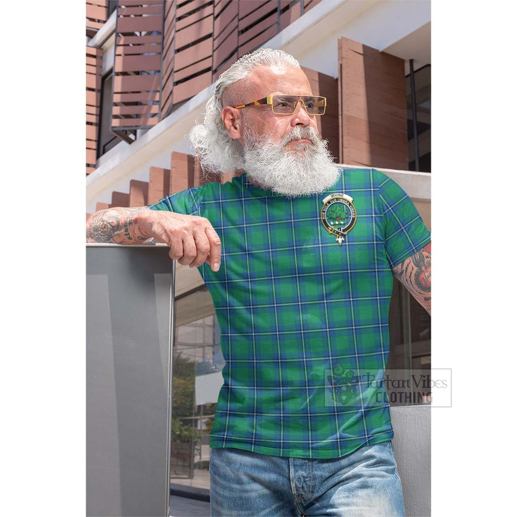 Tartan Vibes Clothing Irvine Tartan Cotton T-shirt with Family Crest and Bearded Skull Holding Bottles of Whiskey