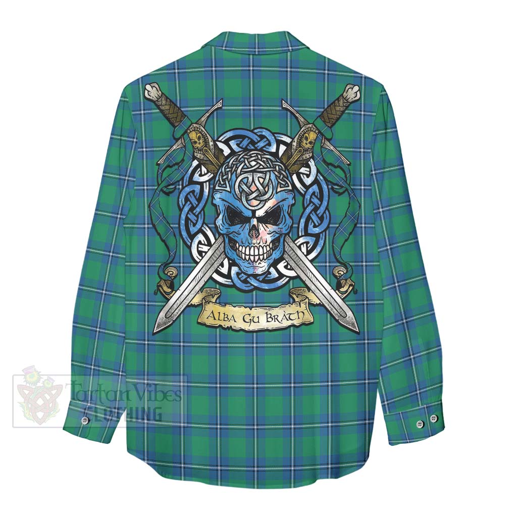 Tartan Vibes Clothing Irvine Tartan Women's Casual Shirt with Family Crest Celtic Skull Style