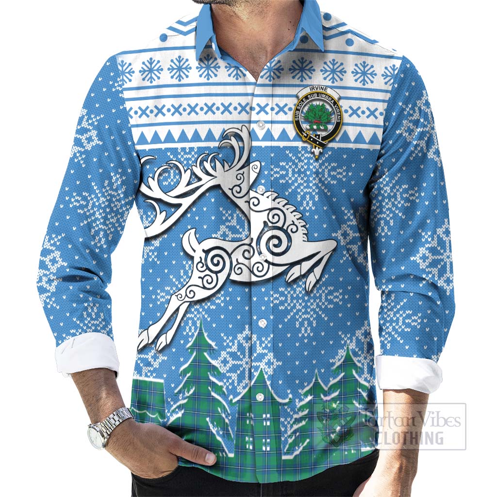 Tartan Vibes Clothing Irvine Clan Christmas Long Sleeve Button Shirt Celtic Reindeer Style