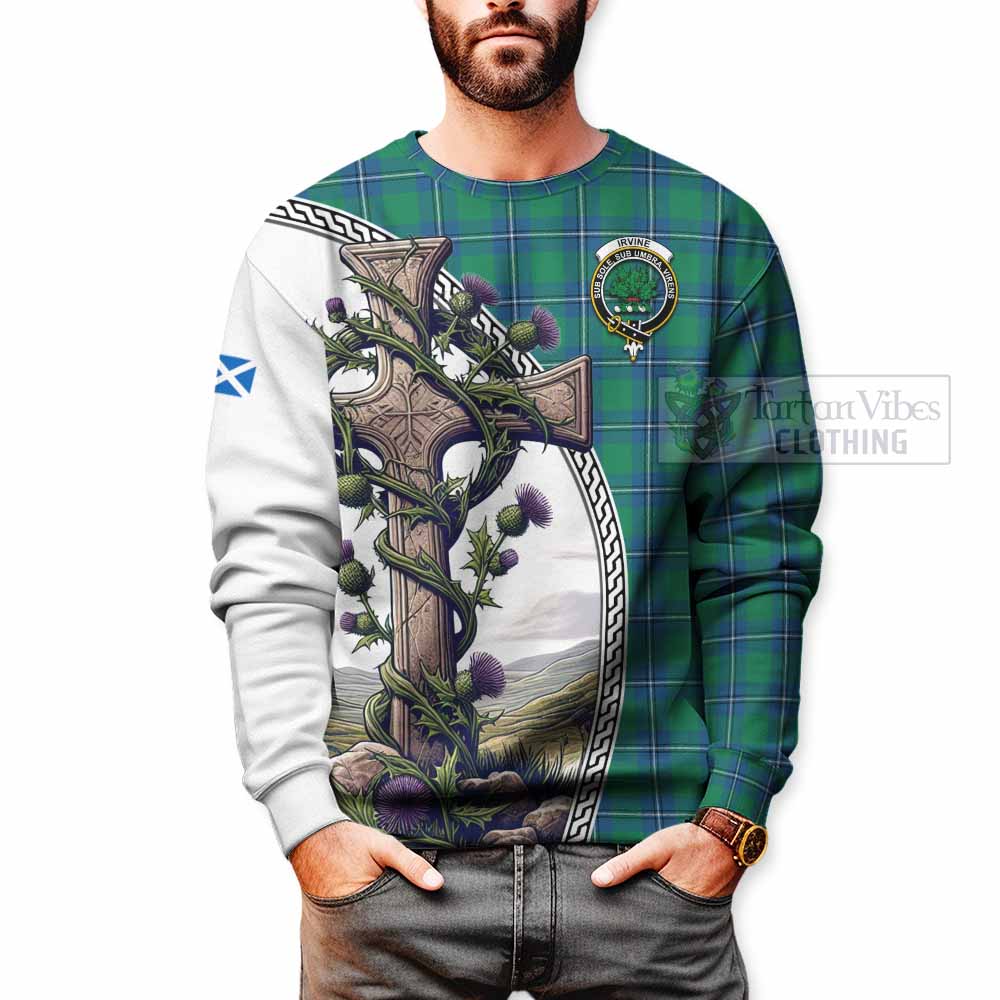 Tartan Vibes Clothing Irvine Tartan Sweatshirt with Family Crest and St. Andrew's Cross Accented by Thistle Vines