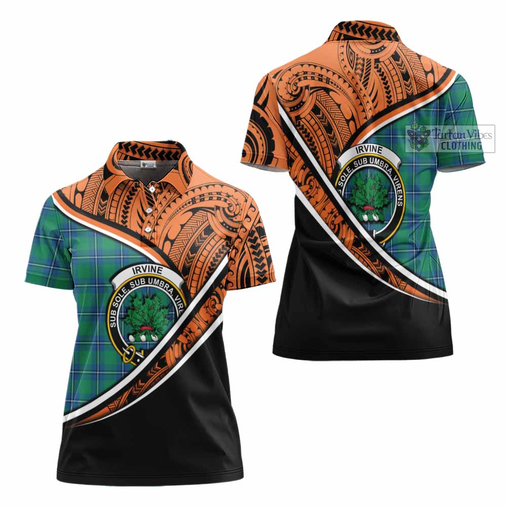 Tartan Vibes Clothing Irvine Crest Tartan Women's Polo Shirt with Maori Tattoo Style - Orange Version