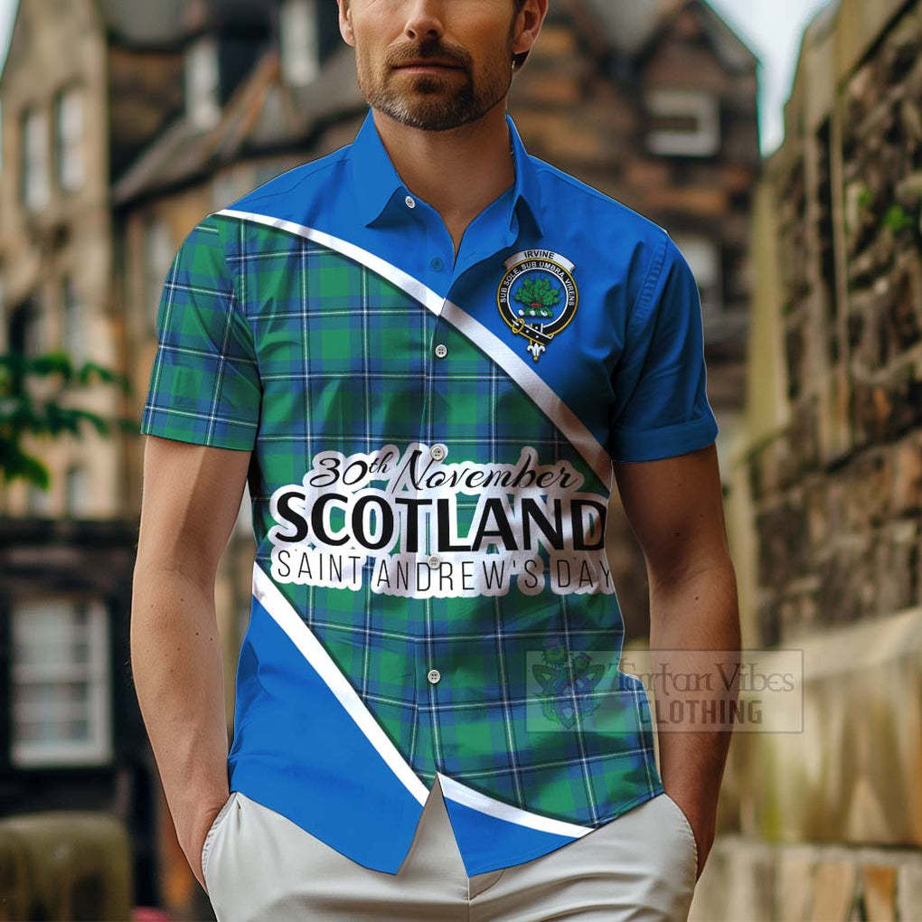 Tartan Vibes Clothing Irvine Family Crest Tartan Short Sleeve Button Shirt Celebrate Saint Andrew's Day in Style